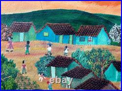 El Salvador Rommel L South American Naive Folk Art Oil Painting Spanish Village
