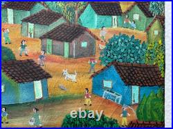El Salvador Rommel L South American Naive Folk Art Oil Painting Spanish Village