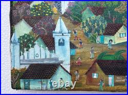 El Salvador Rommel L South American Naive Folk Art Oil Painting Spanish Village