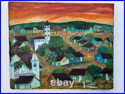 El Salvador Rommel L South American Naive Folk Art Oil Painting Spanish Village