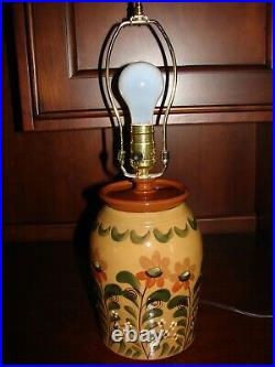 Eldreth Redware Pottery Hand Painted Primitive Table Lamp Mustard Flower Garden