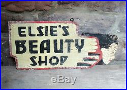 Elsie's BEAUTY SHOP vtg 1930s Folk Art Deco Girl Painted Wood TRADE SIGN Barber