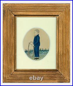 English School Folk Art Watercolour Portrait of a Boy with a Hoop & Stick