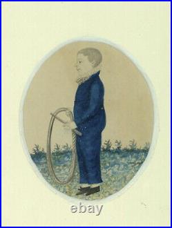 English School Folk Art Watercolour Portrait of a Boy with a Hoop & Stick