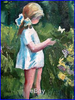 Estate Original Russian Oil Canvas Painting Sivukhin Girl Summer Folk Naive Art