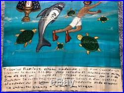 Ex Voto Mexican Retablo Painted Tin Folk Art Sign SHARK TURTLES SWIMMING Virgin