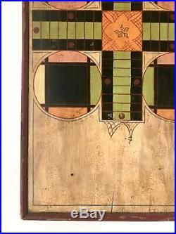Excellent AAFA Folk Art Parcheesi Wooden Game Board Primitive OG Paint 32 X 17