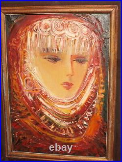 Expressionist woman with folk costume portrait oil painting signed