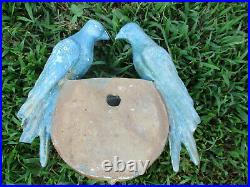 Exquisite Antique Folk Art Pottery Painted Wall Pocket Large Blue Birds 19th C