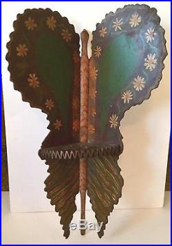Exquisite Early Folk Art Wooden Butterfly Corner Shelf Hand Carved/ Painted