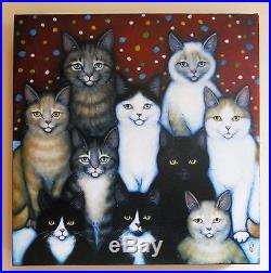 FAMILY REUNION Original Oil Painting of 10 cats by Heidi Shaulis. Cat Folk Art