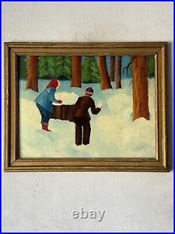 FIGURATIVE ANTIQUE MODERN FOLK ART LANDSCAPE OIL PAINTING OLD WINTER SNOW 1950s