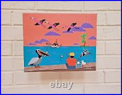 FISHING Pelicans Flamingos & Seagulls FLORIDA FOLK ART Original Signed Painting