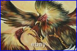 FLAWS Large Hand Painted Tapestry Painting Cock Fight 63 x 76 Folk Art