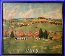 FOLK ART Landscape with Cows in the Meadow Oil canvas painting