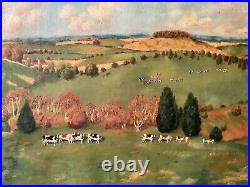 FOLK ART Landscape with Cows in the Meadow Oil canvas painting