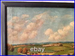 FOLK ART Landscape with Cows in the Meadow Oil canvas painting
