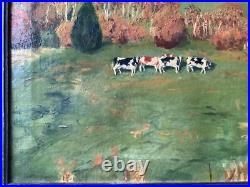 FOLK ART Landscape with Cows in the Meadow Oil canvas painting