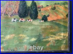 FOLK ART Landscape with Cows in the Meadow Oil canvas painting