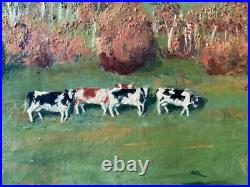 FOLK ART Landscape with Cows in the Meadow Oil canvas painting