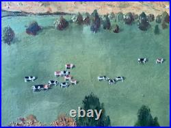 FOLK ART Landscape with Cows in the Meadow Oil canvas painting
