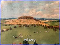 FOLK ART Landscape with Cows in the Meadow Oil canvas painting