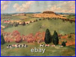 FOLK ART Landscape with Cows in the Meadow Oil canvas painting