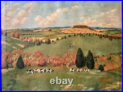 FOLK ART Landscape with Cows in the Meadow Oil canvas painting