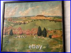 FOLK ART Landscape with Cows in the Meadow Oil canvas painting