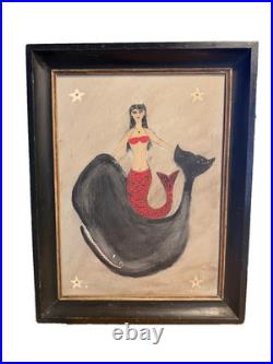 FOLK ART Mermaid Whale painting Maritime, Nautical Flag/France, signed Decor