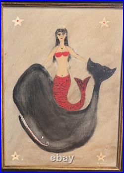 FOLK ART Mermaid Whale painting Maritime, Nautical Flag/France, signed Decor
