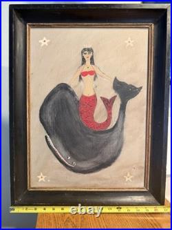 FOLK ART Mermaid Whale painting Maritime, Nautical Flag/France, signed Decor