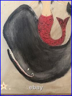 FOLK ART Mermaid Whale painting Maritime, Nautical Flag/France, signed Decor