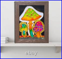 FOLK ART Mushroom Painting, Stained glass panel, Glass painting, wall art