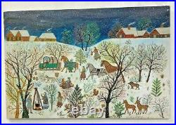 FOLK ART Naive Painting HLEBINE Croatian Primitive Oil on Canvas Snow Horses