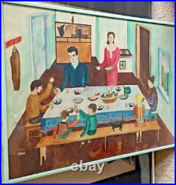 FOLK ART PAINTING FRAMED FAMILY TABLE EASTER EGGS CAT HOLIDAY Maira Kalman-ish FOLK ART PAINTING FRAMED FAMILY TABLE EASTER EGGS CAT HOLIDAY Maira Kalman-ish