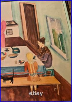 FOLK ART PAINTING FRAMED FAMILY TABLE EASTER EGGS CAT HOLIDAY Maira Kalman-ish FOLK ART PAINTING FRAMED FAMILY TABLE EASTER EGGS CAT HOLIDAY Maira Kalman-ish
