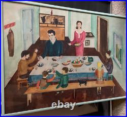 FOLK ART PAINTING FRAMED FAMILY TABLE EASTER EGGS CAT HOLIDAY Maira Kalman-ish FOLK ART PAINTING FRAMED FAMILY TABLE EASTER EGGS CAT HOLIDAY Maira Kalman-ish