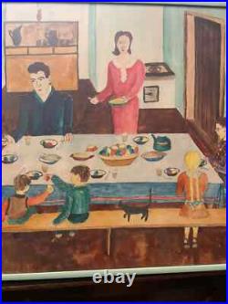 FOLK ART PAINTING FRAMED FAMILY TABLE EASTER EGGS CAT HOLIDAY Maira Kalman-ish FOLK ART PAINTING FRAMED FAMILY TABLE EASTER EGGS CAT HOLIDAY Maira Kalman-ish