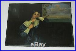 FOLK ART PAINTING SAILOR'S SHIP CAPTAIN'S WIFE Antique 19th Century