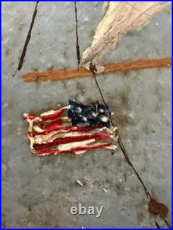 Fabulous Antique Folk Art Ship Oil Painting On Canvas In Original Frame Signed