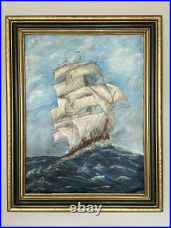 Fabulous Antique Folk Art Ship Oil Painting On Canvas In Original Frame Signed