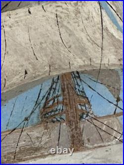 Fabulous Antique Folk Art Ship Oil Painting On Canvas In Original Frame Signed