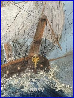 Fabulous Antique Folk Art Ship Oil Painting On Canvas In Original Frame Signed