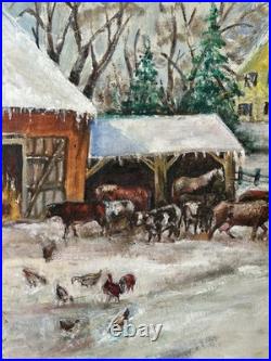 Fabulous Naive Folk Art Winter Snow Scene Oil Painting Americana