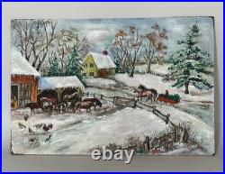 Fabulous Naive Folk Art Winter Snow Scene Oil Painting Americana