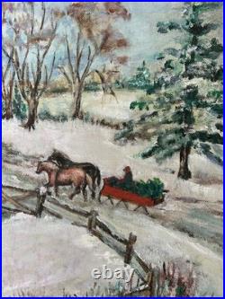 Fabulous Naive Folk Art Winter Snow Scene Oil Painting Americana