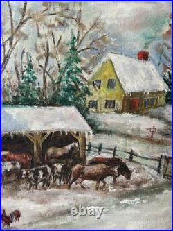 Fabulous Naive Folk Art Winter Snow Scene Oil Painting Americana