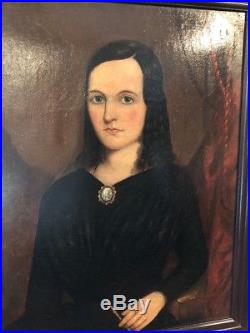 Fantastic Antique Early American Folk Art Portrait Painting of A Beautiful Lady