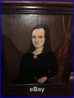 Fantastic Antique Early American Folk Art Portrait Painting of A Beautiful Lady